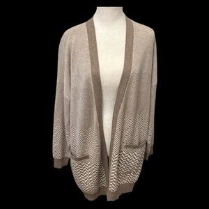 Joie Chevron Soft Open Cardigan Sweater Taupe White Pockets